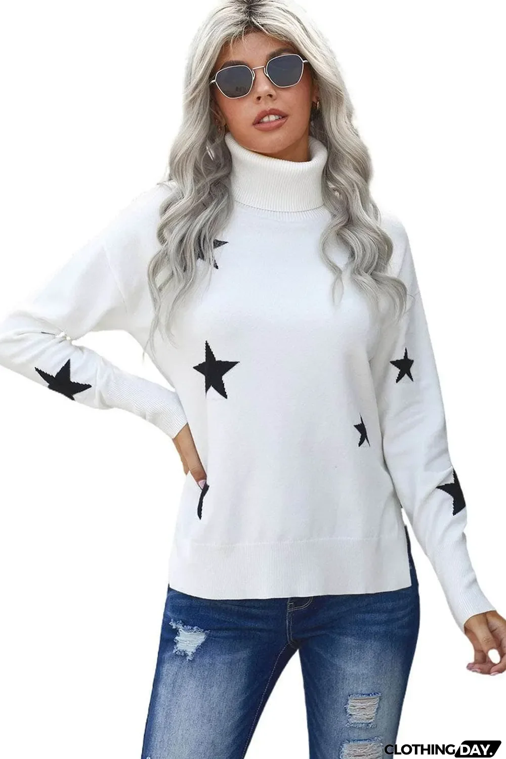 White Turtleneck Dropped Sleeve Star Print Sweater