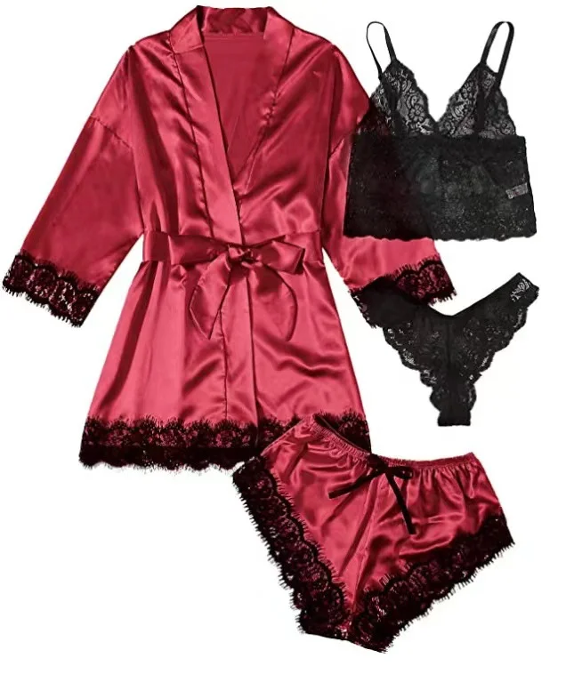 Women Lace Silk Pajamas 4pcs