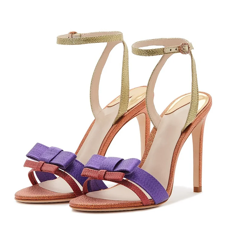 Multicolor Bow Stiletto Heel Ankle Strap Sandals |FSJ Shoes