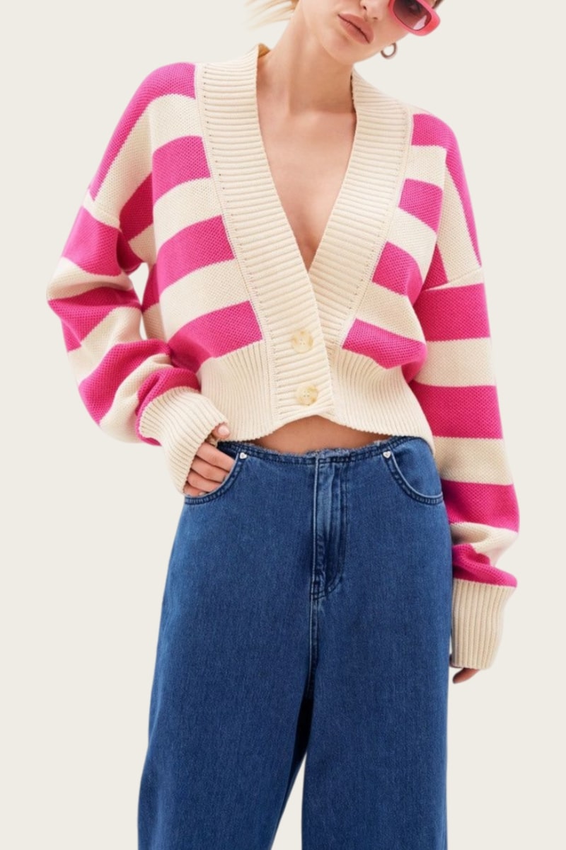 Striped V-Neck Cropped Cardigan - HIGIANNA&reg;