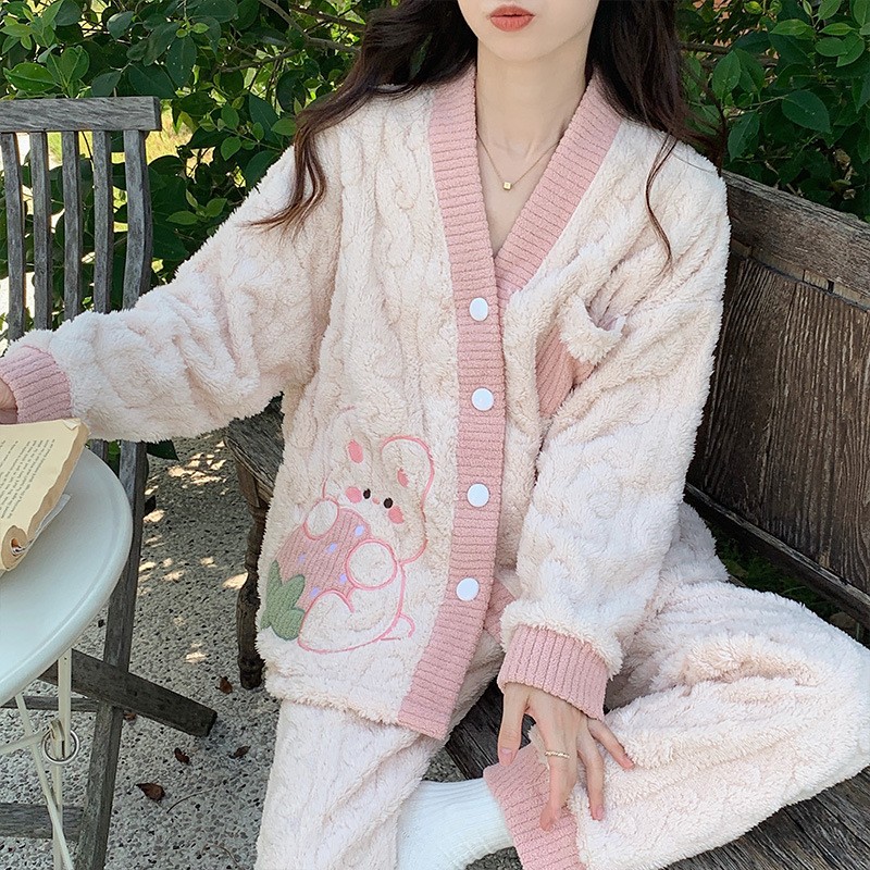 珊瑚绒睡衣女秋冬 加绒加厚睡袍可套头系扣方便穿脱家居服-Digicat 猫电澳洲