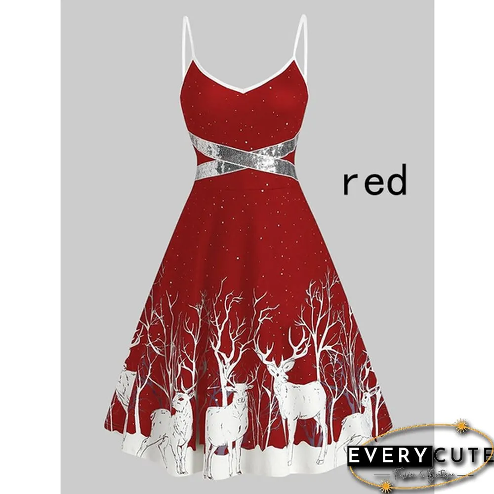 Christmas Print Sequin Patchwork Sleeveless Dress Santa Xmas Deer Skater Party Dresses