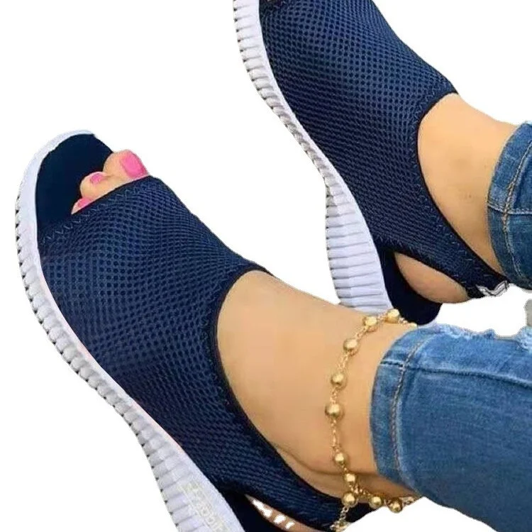 Breakj Breakj Summer New Thick-Soled Net Surface Knitted Fish Mouth Women's Sandals Large-Size One-Legged Pedal Women's Shoes