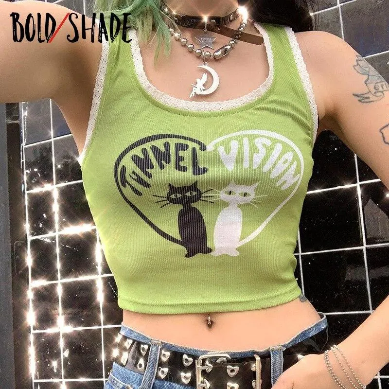 Bold Shade Harajuku 2000s Aesthetic Tank Tops Women Sleeveless Y2K Vintage Indie Clothes Crop Top Grunge Streetwear Fashion Cami
