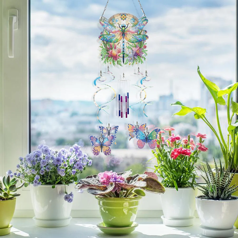 DIY Flower Dragonfly Double Sided Diamond Painting Wind Chime for Window Decor