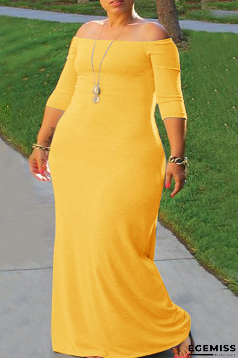 Yellow Fashion Casual Plus Size Solid Backless Off the Shoulder Long Dress | EGEMISS