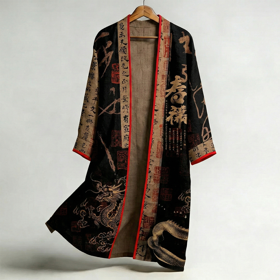 Retro Dragon And Calligraphy Pattern Casual Kimono  artssus