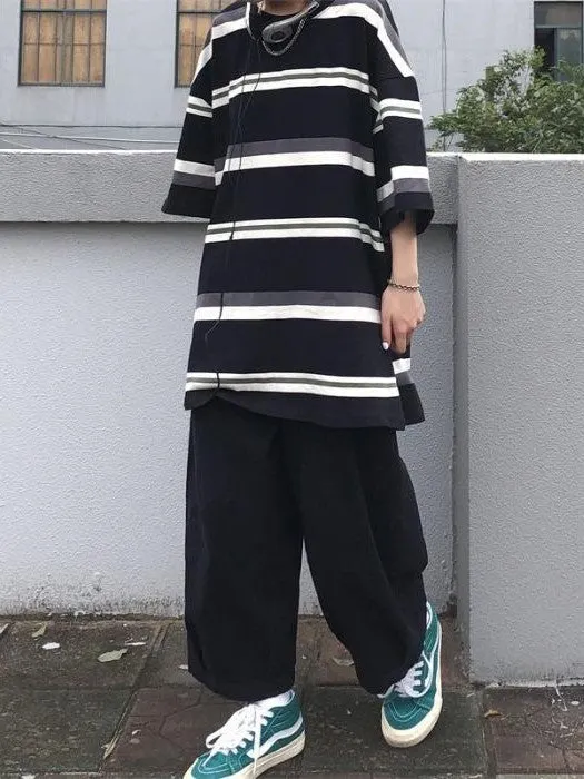 Brownm Contrast Color Hip Hop Oversized Stripe Short Sleeve Top