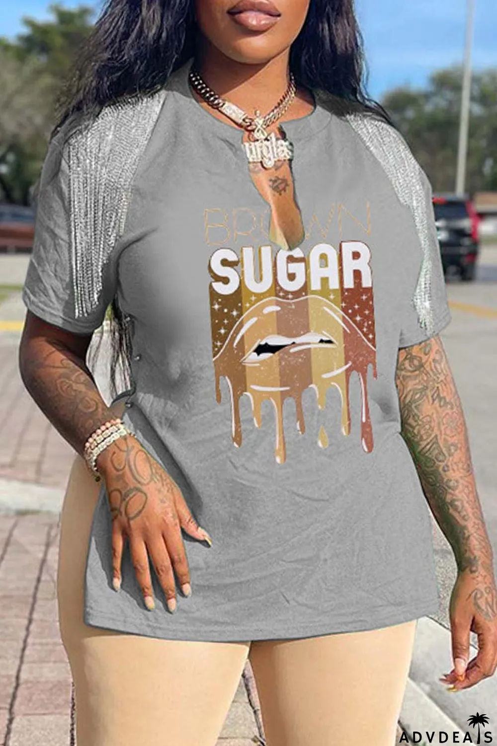 Grey Casual Print Tassel Patchwork V Neck T-Shirts