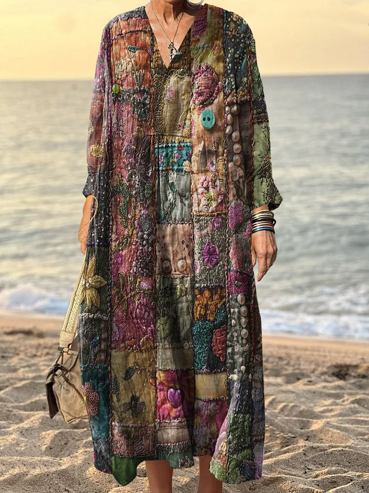 Women's Vintage Dark Patchwork Art Print Dress