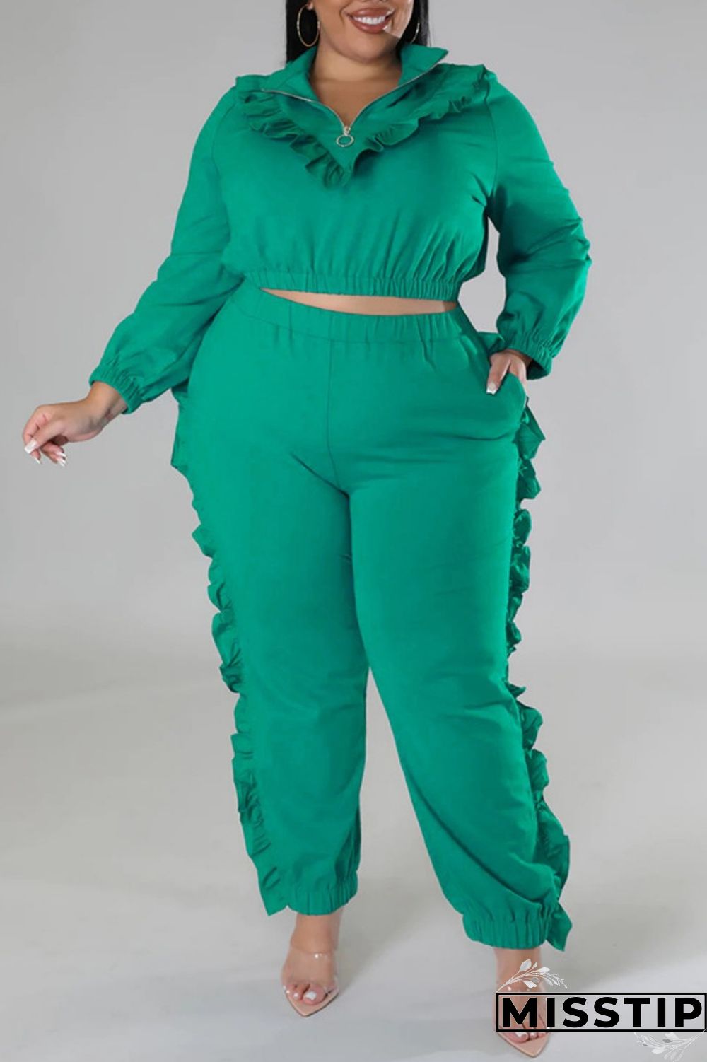 Black Casual Solid Patchwork Zipper Collar Plus Size Two Pieces