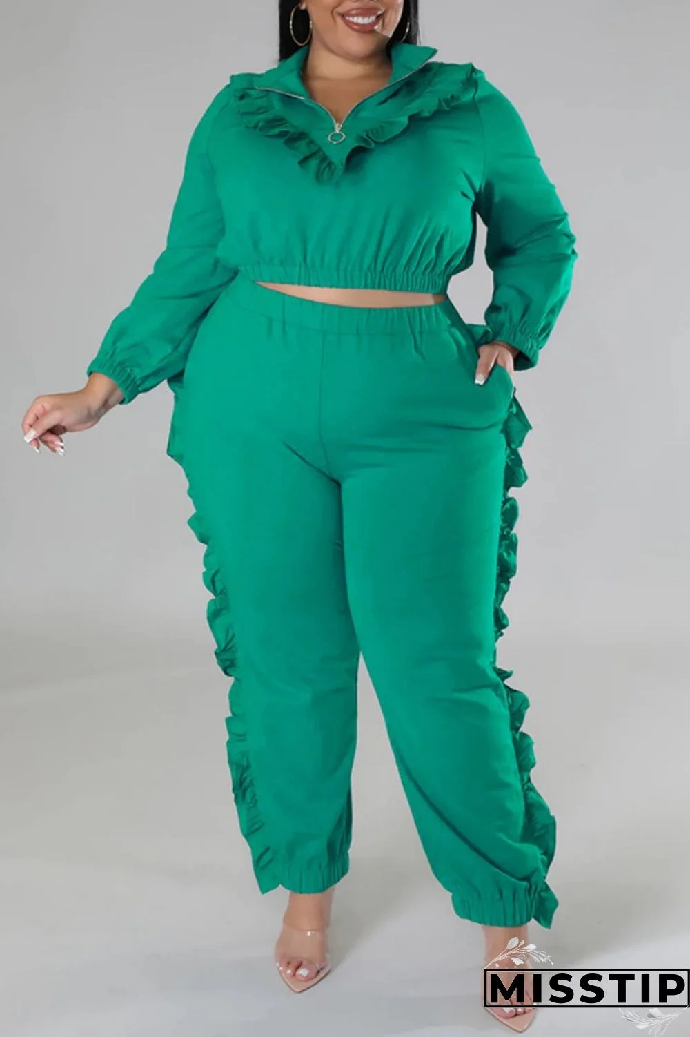 Black Casual Solid Patchwork Zipper Collar Plus Size Two Pieces