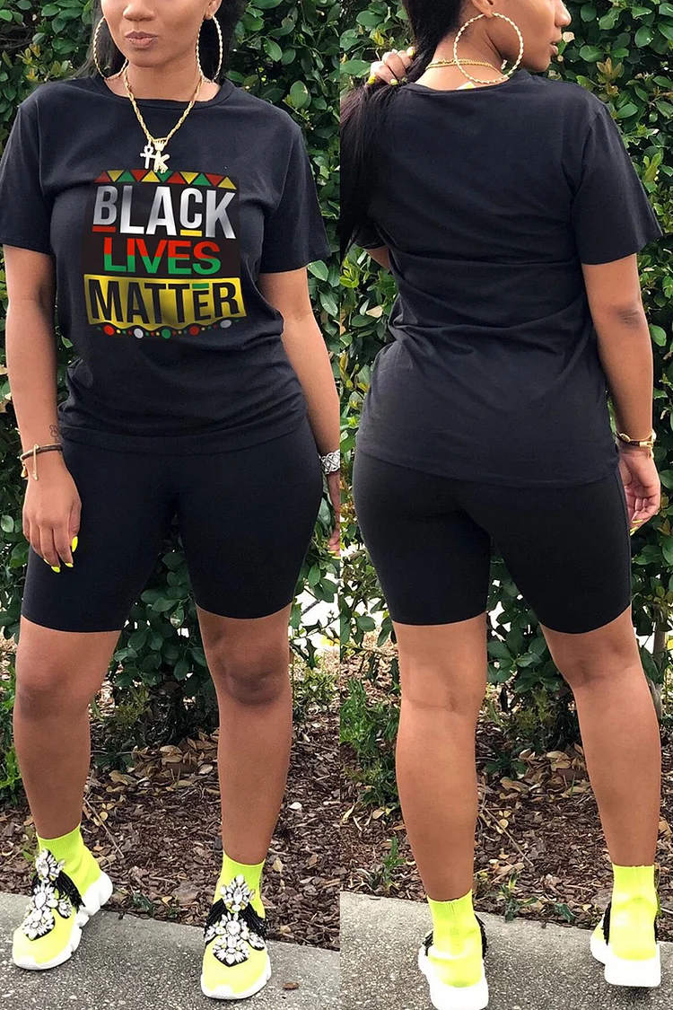Black Fashion Casual Printed T-shirt Shorts Set