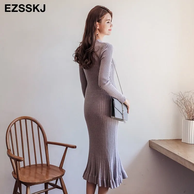 2022 autumn winter thick mermaid maxi sweater dress women o-neck long sweater dress elegant female a-line slim sexy knit dress