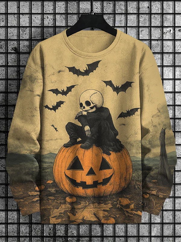 Men's Spooky Skull And Ghost Face Pumpkin Art Print Casual Sweatshirt