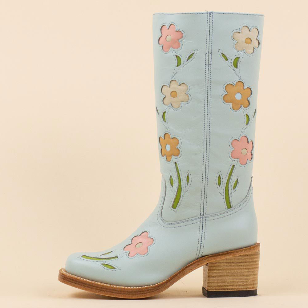 Light Blue Square Toe Flower Mid-Calf Cowgirl Boots with Block Heel