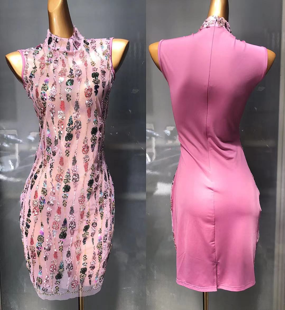 Pink Mesh Glitter Sequin Embroidery Sleeveless Dress Women Singer Bar Club Evening Birthday Party Stage Transparent Dresses