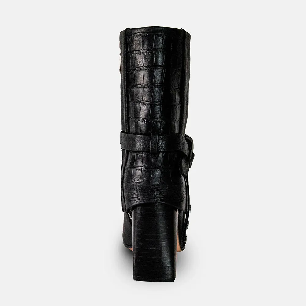 Black Crocodile Print Square Toe Studded Side Zipper Fall Boots Women