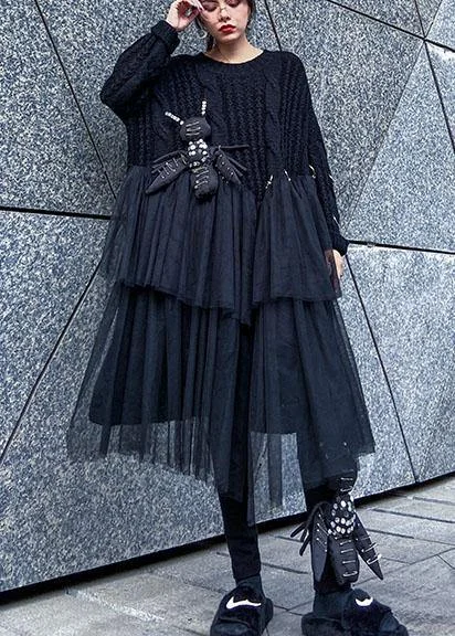 Oversized black Sweater Vintage o neck Three-dimensional decoration Big spring sweater dresses