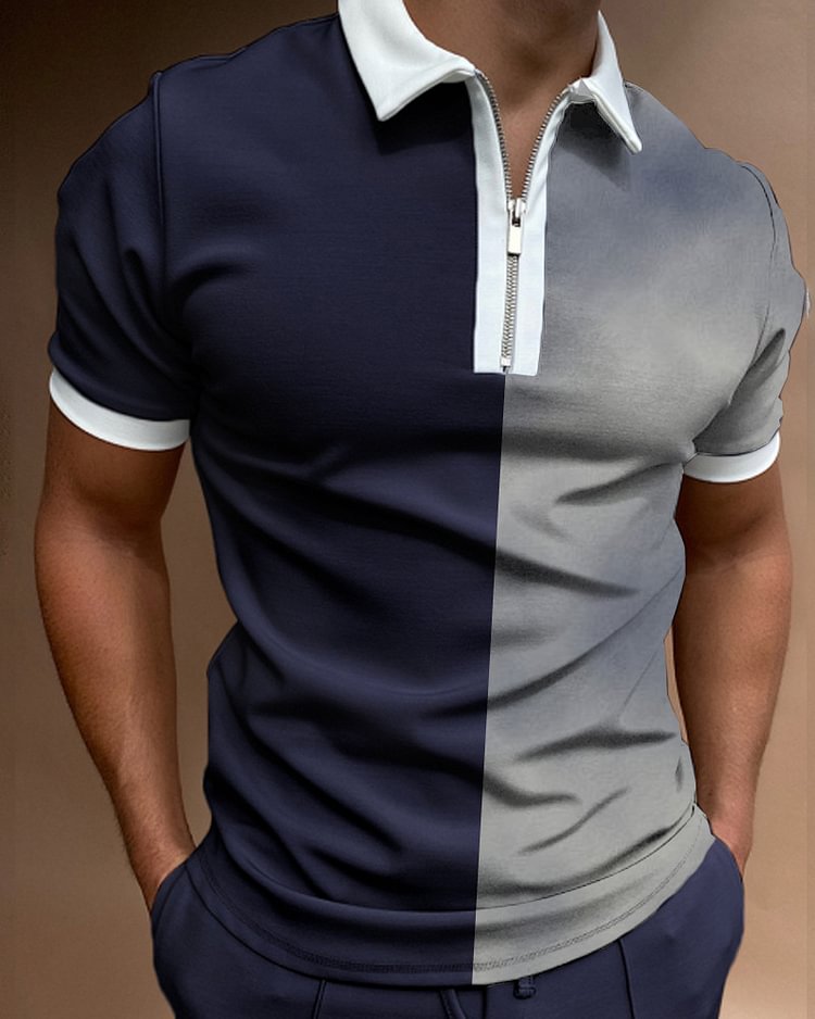 Men's Colorblock Zip Lapel T-Shirt Polo Shirt