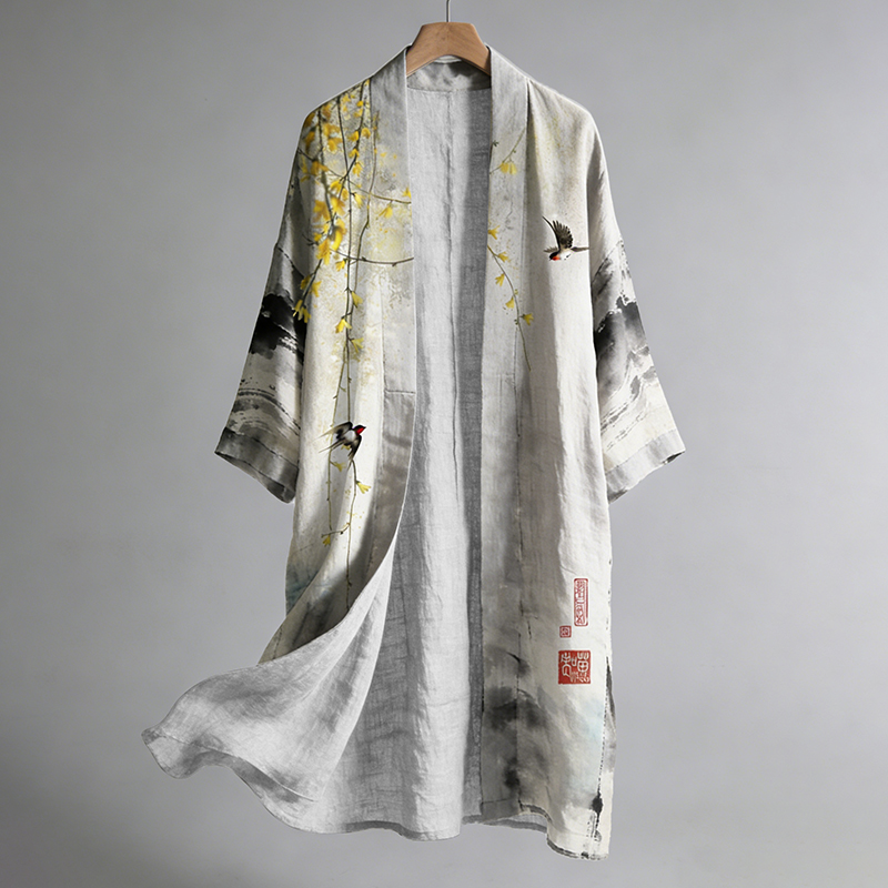 Men's Retro Japanese Art Linen Long Kimono  artssus