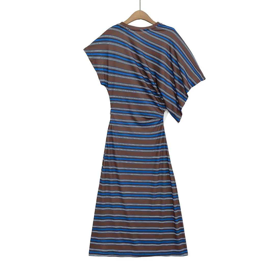 Nigikala Nigikala Striped Slanted Shoulder Short-Sleeved Woman Summer Small Fresh Loose Display Lanky Over-Knee Dress 6085910