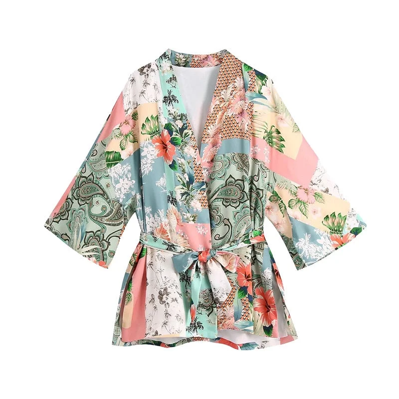 TRAF Women Fashion With Belt Floral Print Kimono Blouses Vintage Three Quarter Sleeve Side Vents Female Shirts Chic Top