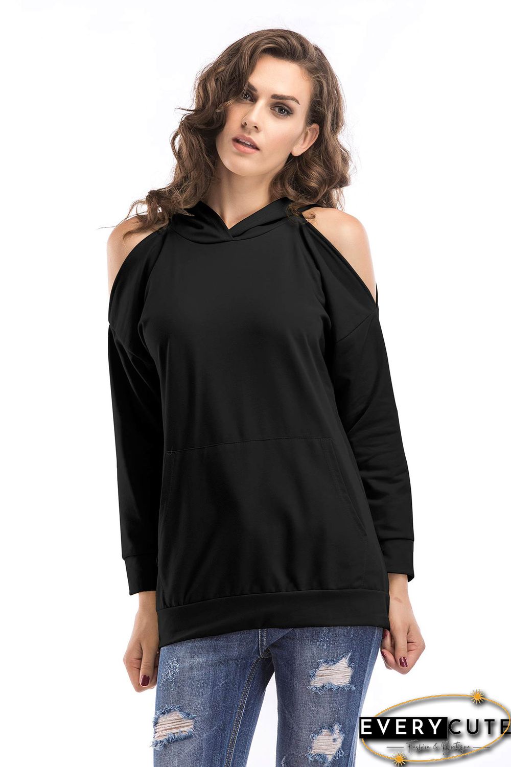Solid Off-the-shoulder Pullover Sweatshirt