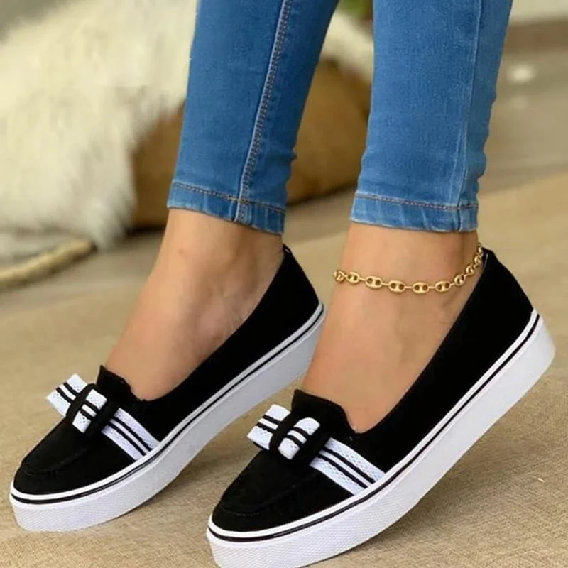 Women's Solid Color PU Ribbon Decoration Round Toe Flat Heel Platform Comfortable Fashion Casual All-match Loafers 6K066