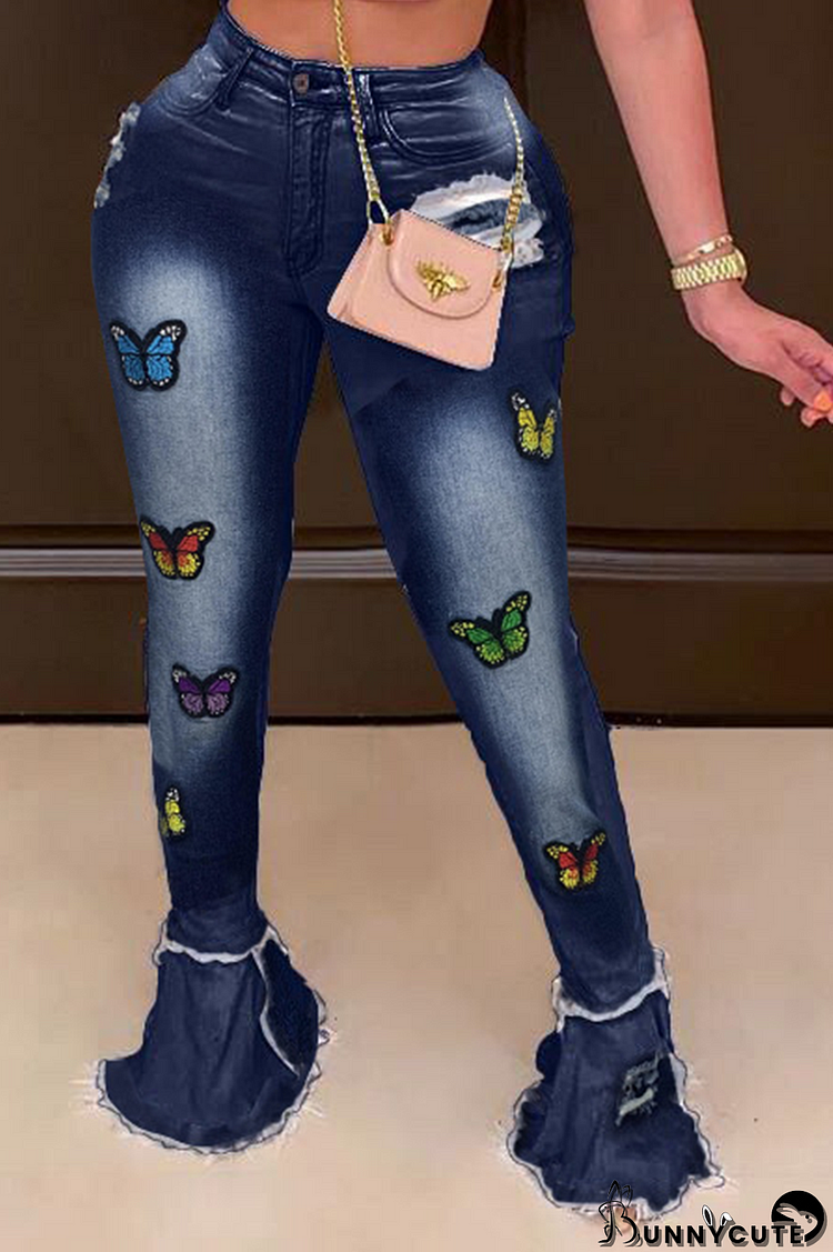 Deep Blue Casual Butterfly Print Patchwork Boot Cut Denim Jeans