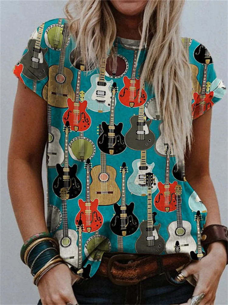Colorful Guitars Art Crew Neck T Shirt