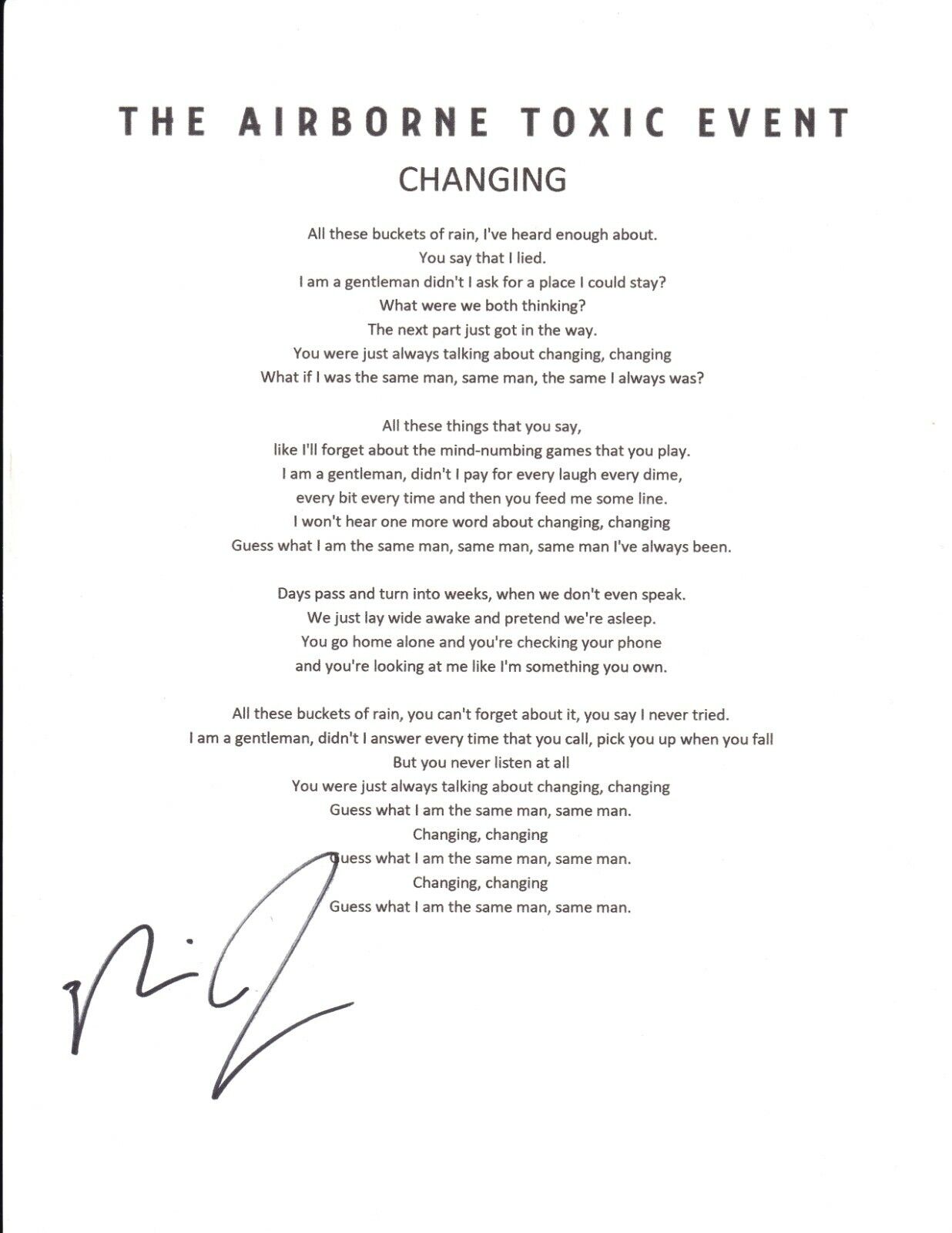 Mikel Jollett Airborne Toxic Event REAL hand SIGNED Changing Lyric Page #1 COA