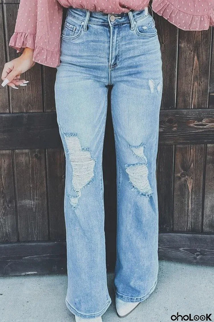 Street Solid Ripped Patchwork High Waist Straight Denim Jeans