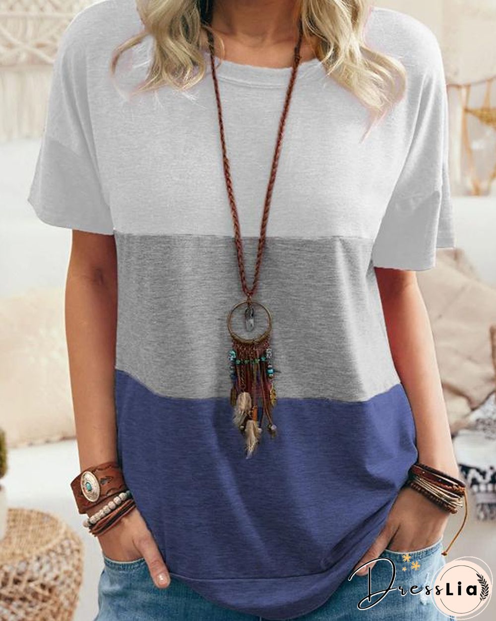 Women Summer Color Stitching Casual T-shirt