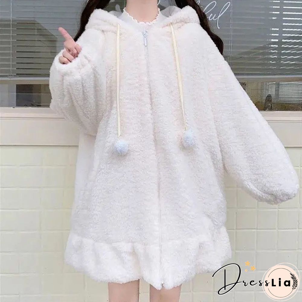 New Women Kawaii Zipper Hooded Coat Rabbit Ears Cute Sweet Girls Harajuku Style Warm Jacket