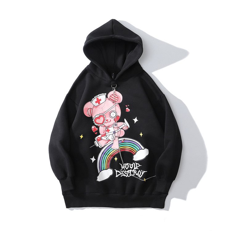 Cartoon Bear Printed Sweater Men's plus Size Retro Sports Loose Pullover Coat Fleece Lined Sweatshirt Men Thermal Hoodie