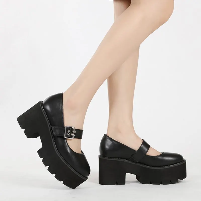 2021 Leather Sweet Women Platform Mary Jane Shoes Solid Color Casual Females Pumps Wedges Buckle Chunky Shoes for Ladies