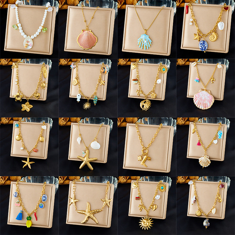 Fashion Holiday Advanced Multi-Element Marine Life Pendant Shell Starfish Sun Stainless Steel Necklace