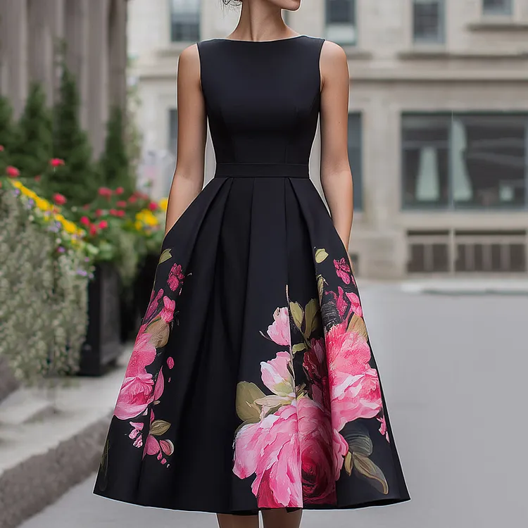 Elegant Sleeveless Floral Waist Pleated Midi Dress