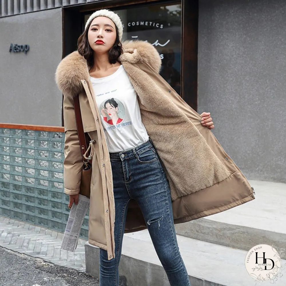 New cotton liner parker parka fashion adjustable waist fur collar winter jacket women