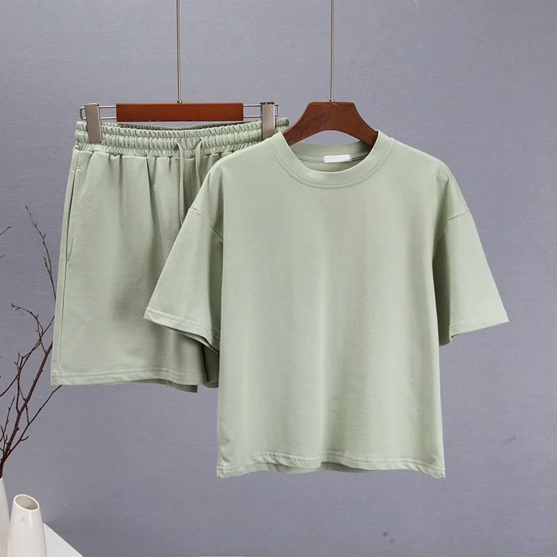 Blessyuki Summer 100% Cotton Sets Women 2022 New Casual Loose Two Pieces Short Sleeve T Shirts and High Waist Short Pants Suits