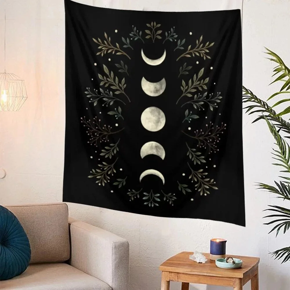 Moon Phase Tapestry Wall Hanging Vintage Mooonlight Green Olive Leaf Black Tapestries Boho Room Wall Decor Home Decoration Wall