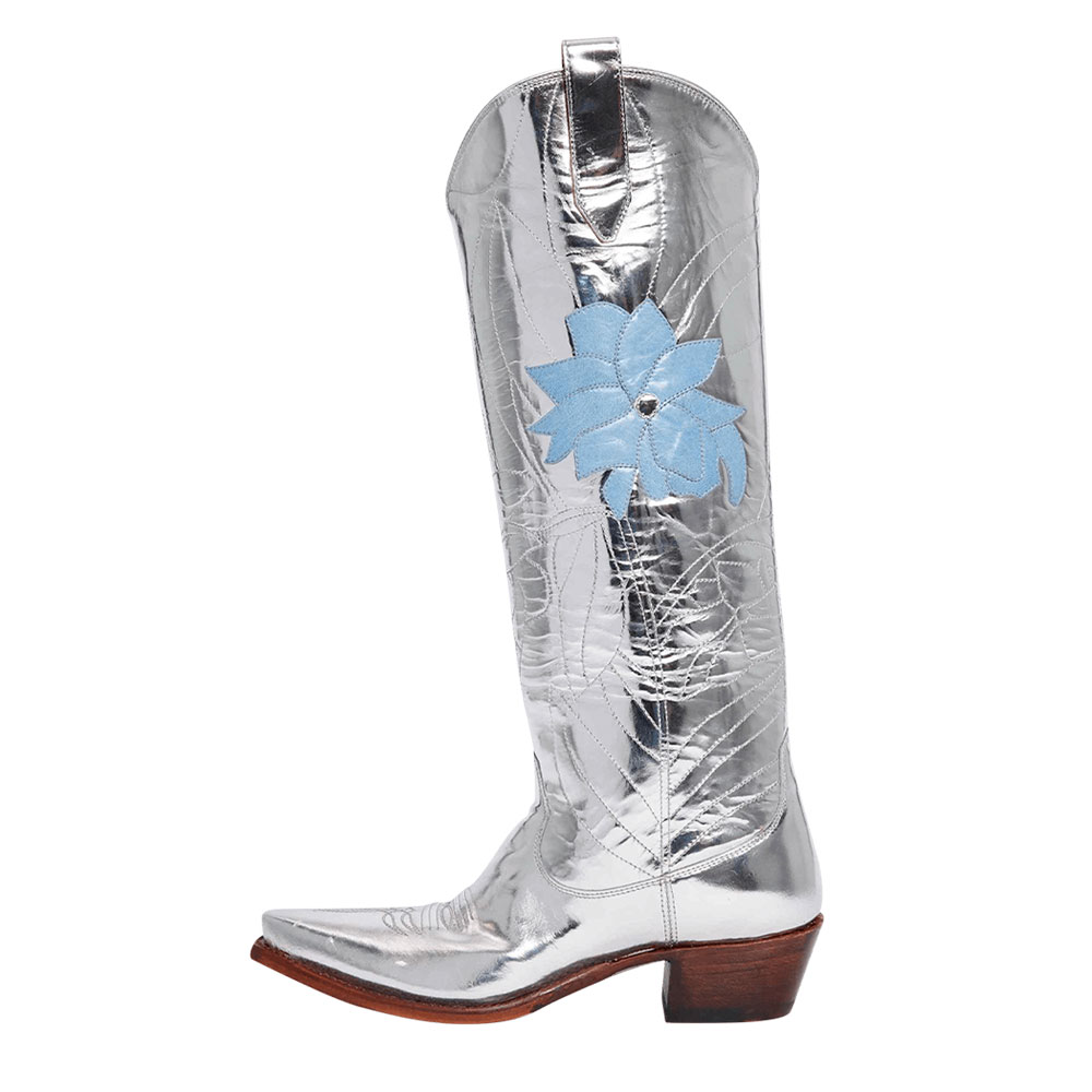Silver Metallic Finish Chunky Heel Floral Knee-High Cowgirl Boots Nicepairs