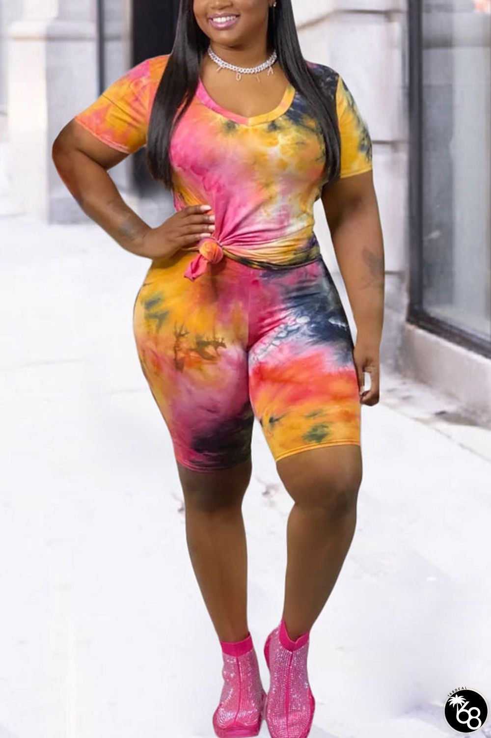 Orange Fashion Sweet O Neck Patchwork Print Tie Dye Two Piece Suits Stitching Plus Size | 168DEAL