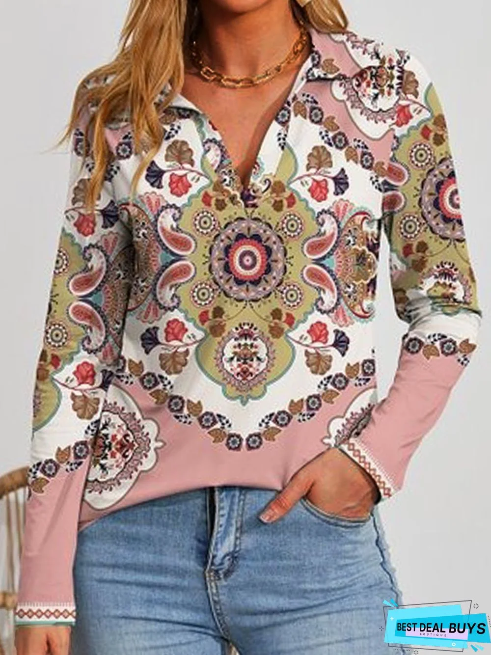 Ethnic Long Sleeve Shawl Collar Casual T-Shirt