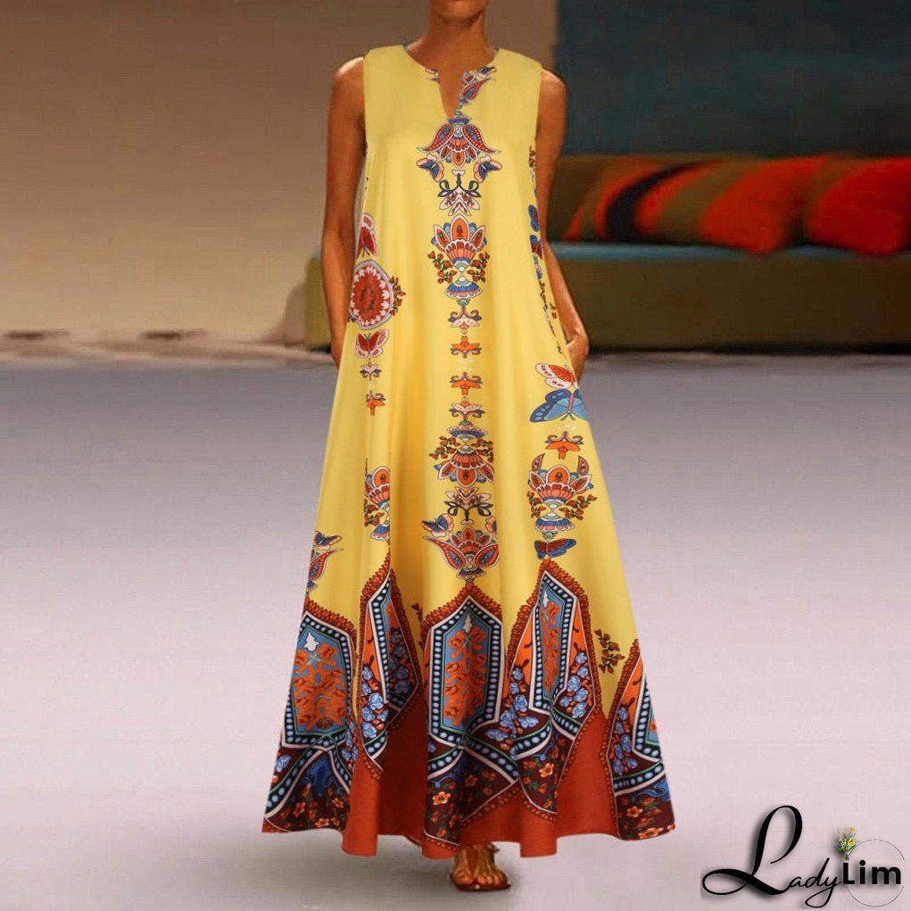 Vintage print dress V-neck sleeveless