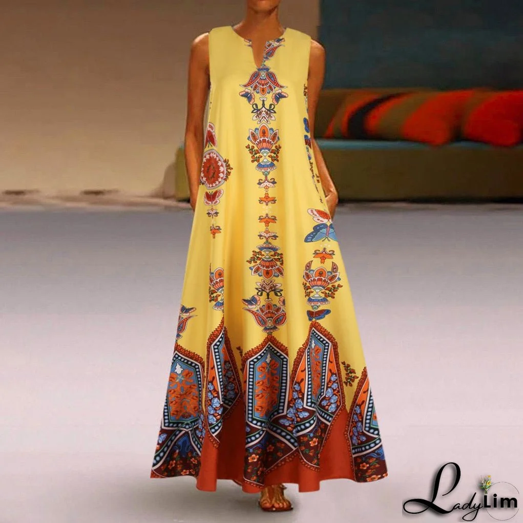 Vintage print dress V-neck sleeveless