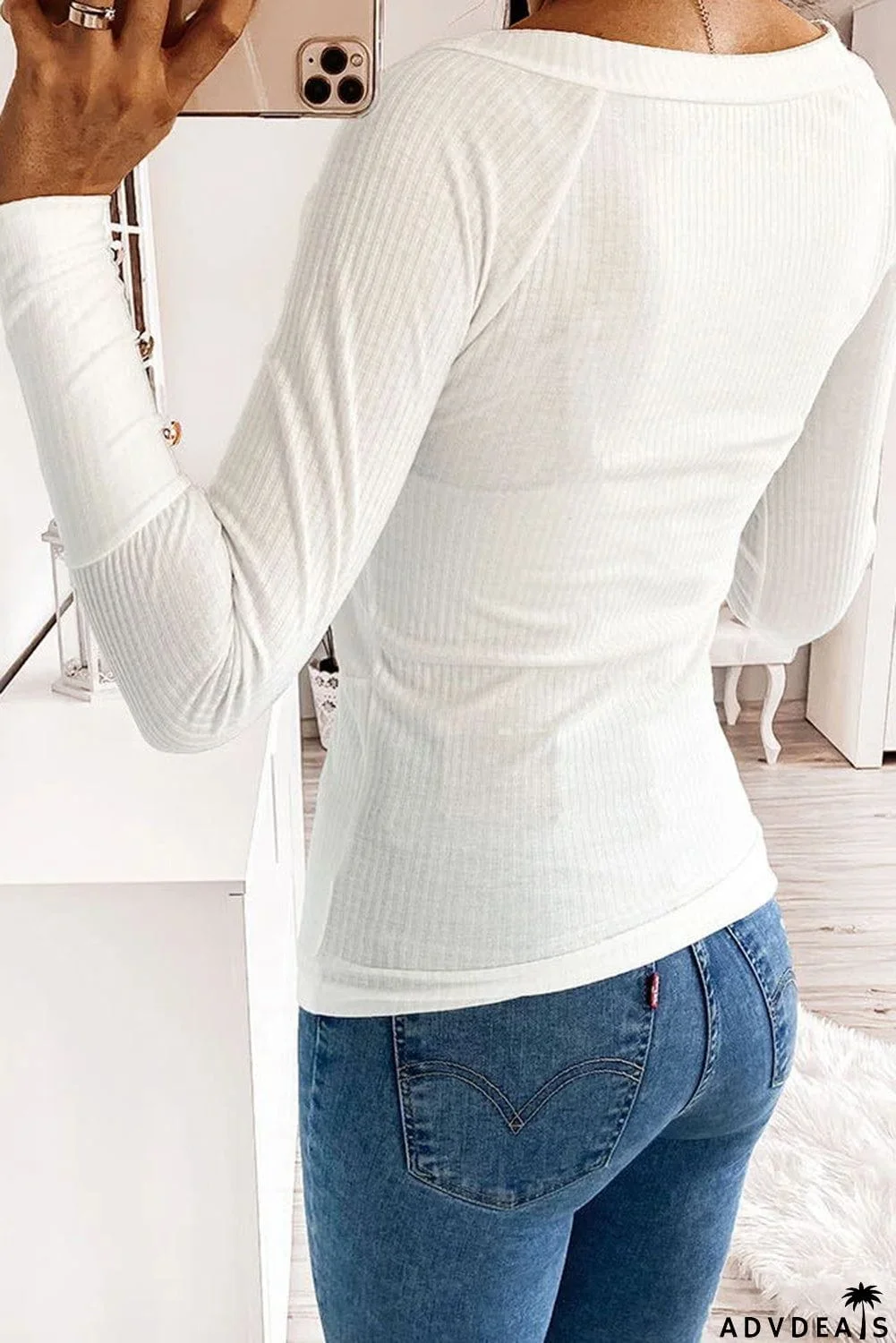 V Neck Ribbed Textured Pleated Top with Buttoned Long Sleeves