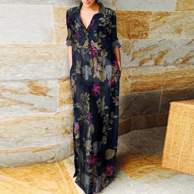 Demin Sundress 2022 Women Casual Turn Down Neck Long Sleeve Solid Dresses VONDA Loose Beach Sundress Bohemian Party Vestidos