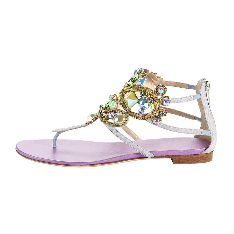 Purple & White Faux Jewel Ankle-Wrap Flat Thong Sandals |FSJ Shoes